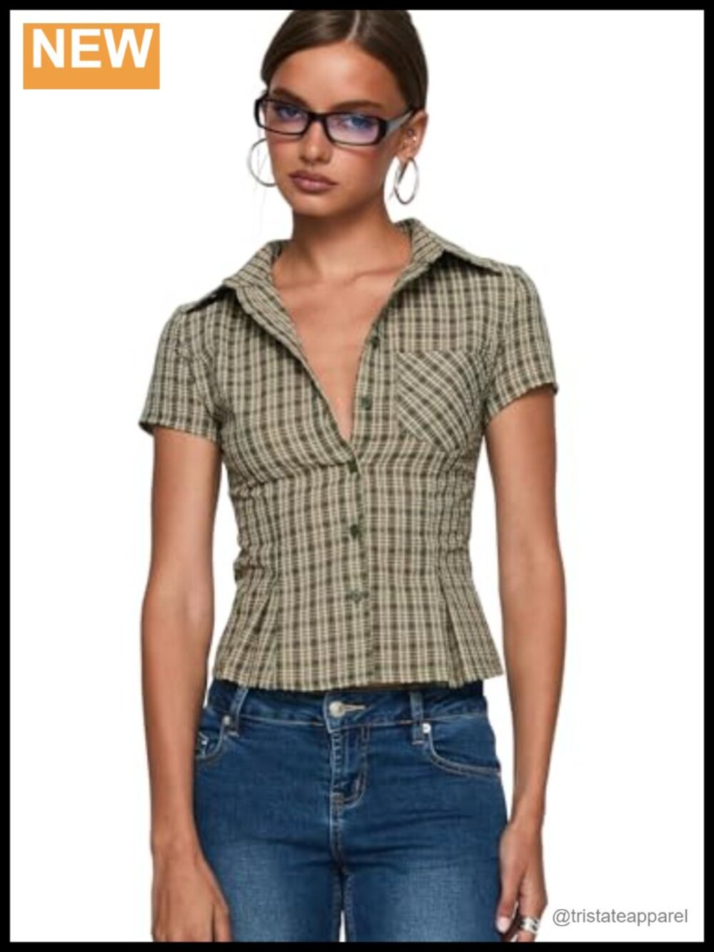 Women's Check Cotton Button-Up Blouse Cap Sleeves Collared